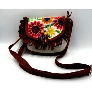 Handmade Mexican Artesanal Embroidered Floral Crossbody Bag with Fringe Trim